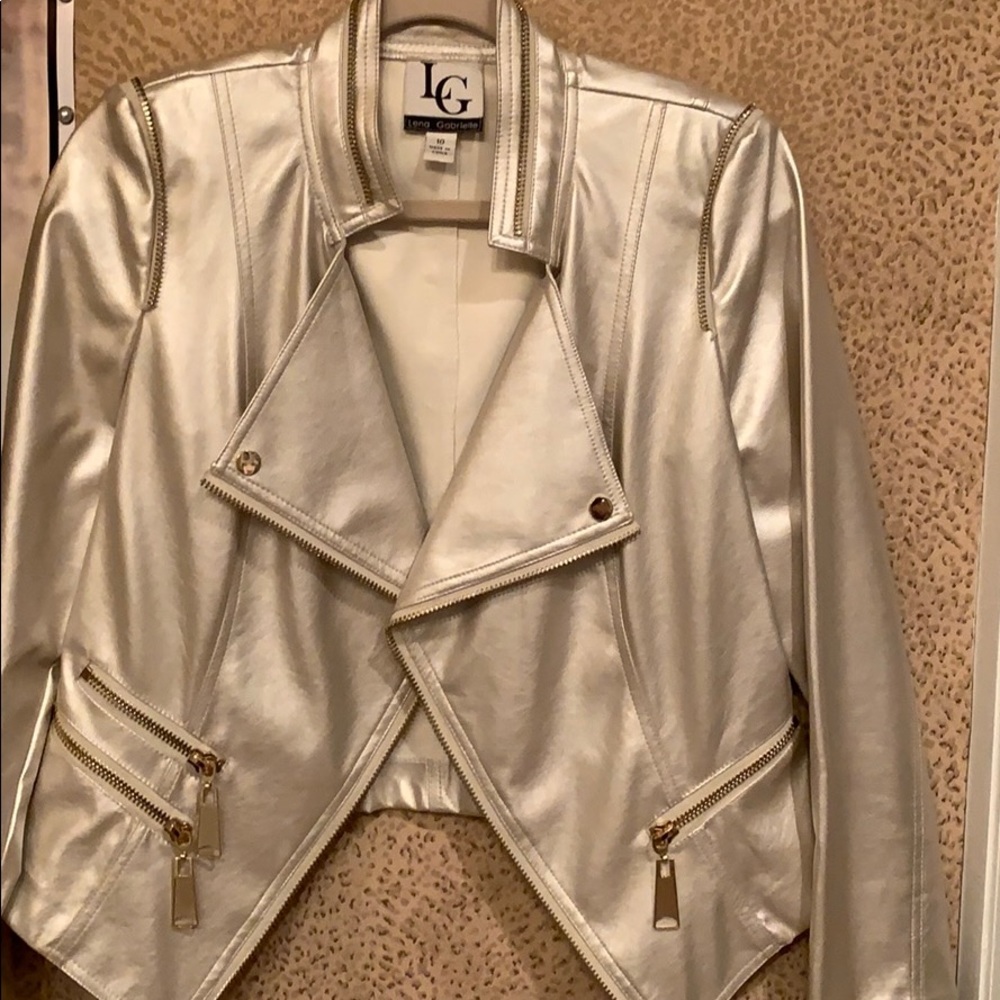 Faux pearl leather jacket with gold zippers